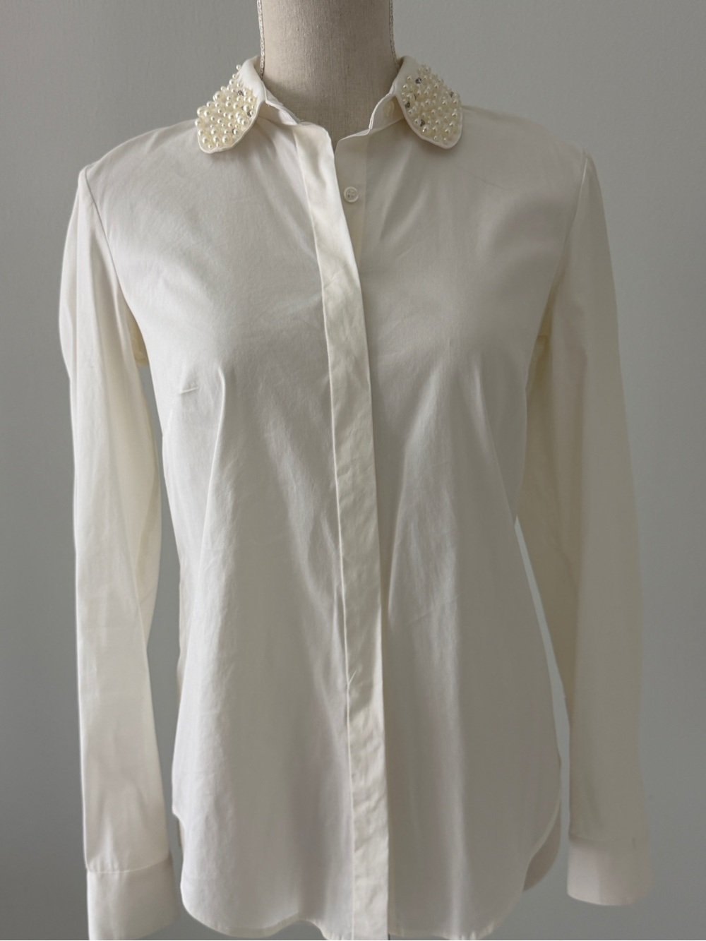 Ann Taylor Pearl-Embellished Collar Button-Down Shirt - Cream - Picture 2 of 10